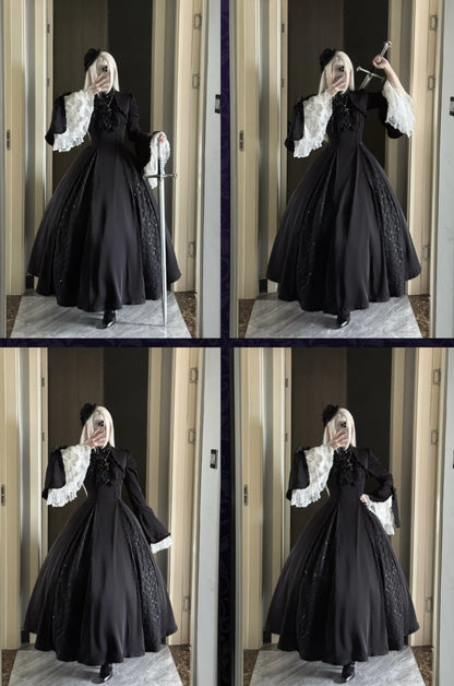 [Pre-order Deadline: November 6] Black and White Gothic Widow Lace Princess Sleeve Faux Two-Piece Long Dress
