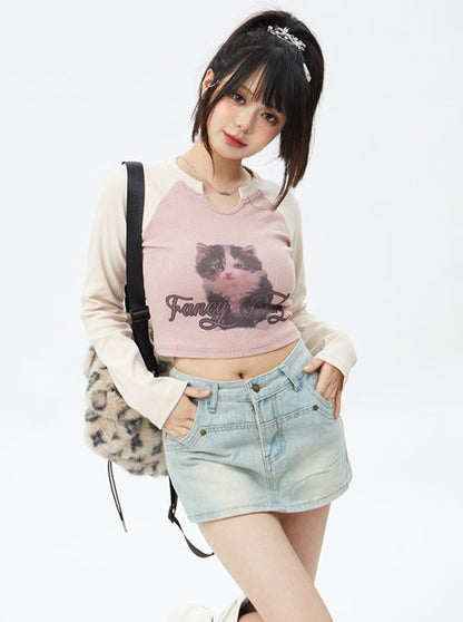 Bicolor cat design short slim top