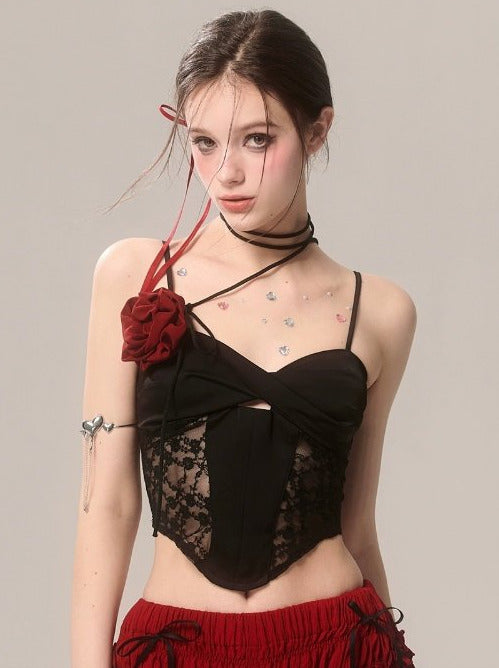 Rose Black French Lace Suspender Short Top [Reserved Item