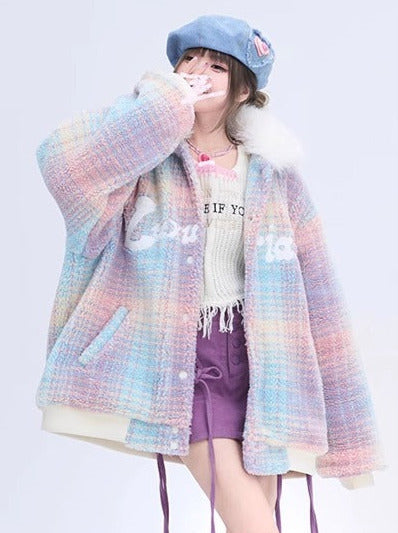 Niche Design Colorful Splicing Loose Lamb Wool Cotton Coat