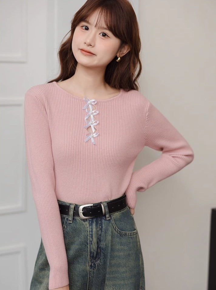 Ribbon Round Neck Design Loose Wool Slim Top