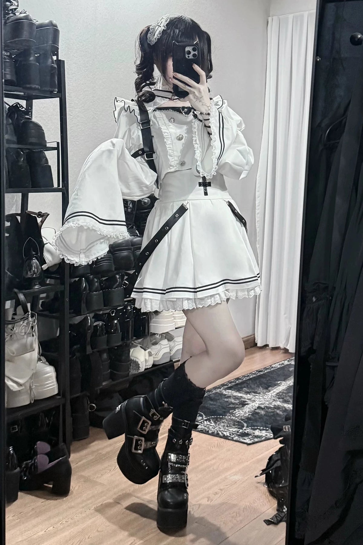 [Pre-order Deadline: November 15] White and Black Gothic Choker-Neck Bell-Sleeve Frilled Crop Top with Buckle Strap + Medical Cross Strap Skirt