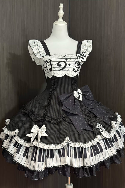 [Reservierungsschluss 15. August] Klassisches Piano-Lolita-JSK mit Rüschenträgern, Notenschleifen-Schürzenkleid-Set + Komplettset