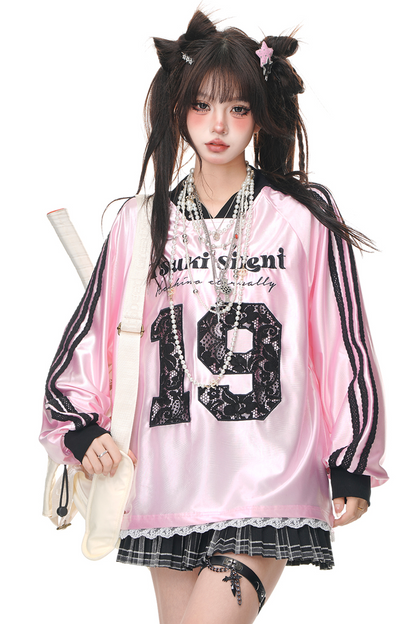 Loose Pink Contrast Raglan Sweatshirt
