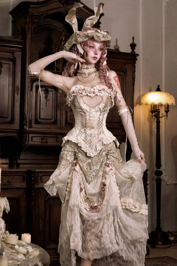 ラブフィッシュボーンコルセットロココフレンチチュニックトリムトップス＋スリーブ＋スリムリボン＋レッグカバー＋チョーカー