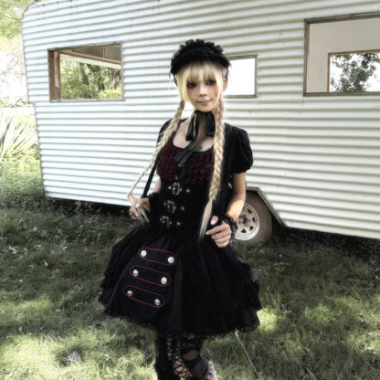 Original from Jiuyu Market: Black and Red Plaid Puff-Sleeve Knit Top with Military-Style Mesh Cake Skirt Set