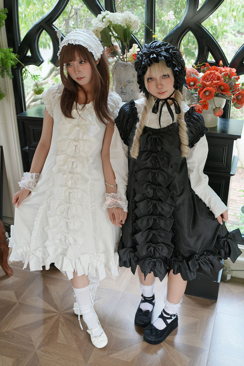 [November 15 Reservation Deadline] Black Gothic Doll-Style Front-And-Back Two-Way Ruffle Ribbon Lolita Dress (Short/Long) + Matching Shorts (Short/Long) + BB Hat