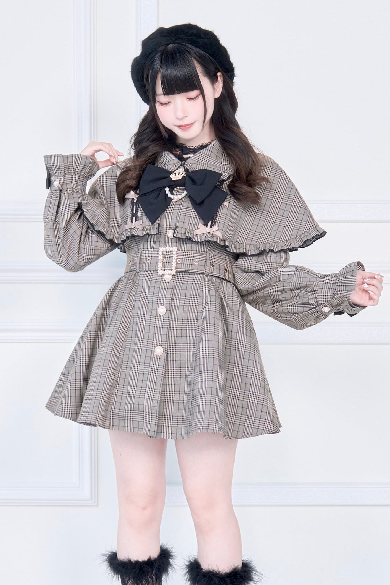 【予約商品】チェックアンドブラックケープショートトレンチクラウンリボンコート