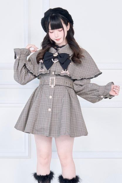 【予約商品】チェックアンドブラックケープショートトレンチクラウンリボンコート