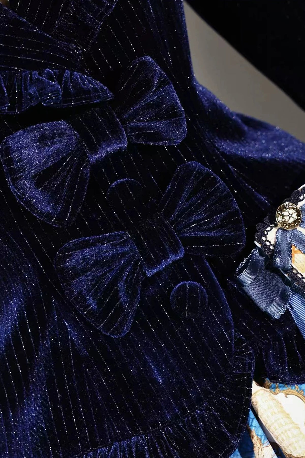 [Reservation Deadline: November 6] Navy Blue/Brown Classic Italian Travel Diary Lolita Silver Thread Velvet Stripe Ribbon Frill Jacket
