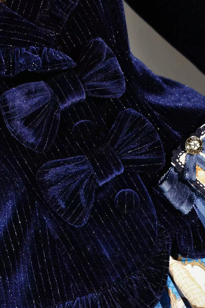 [Reservation Deadline: November 6] Navy Blue/Brown Classic Italian Travel Diary Lolita Silver Thread Velvet Stripe Ribbon Frill Jacket