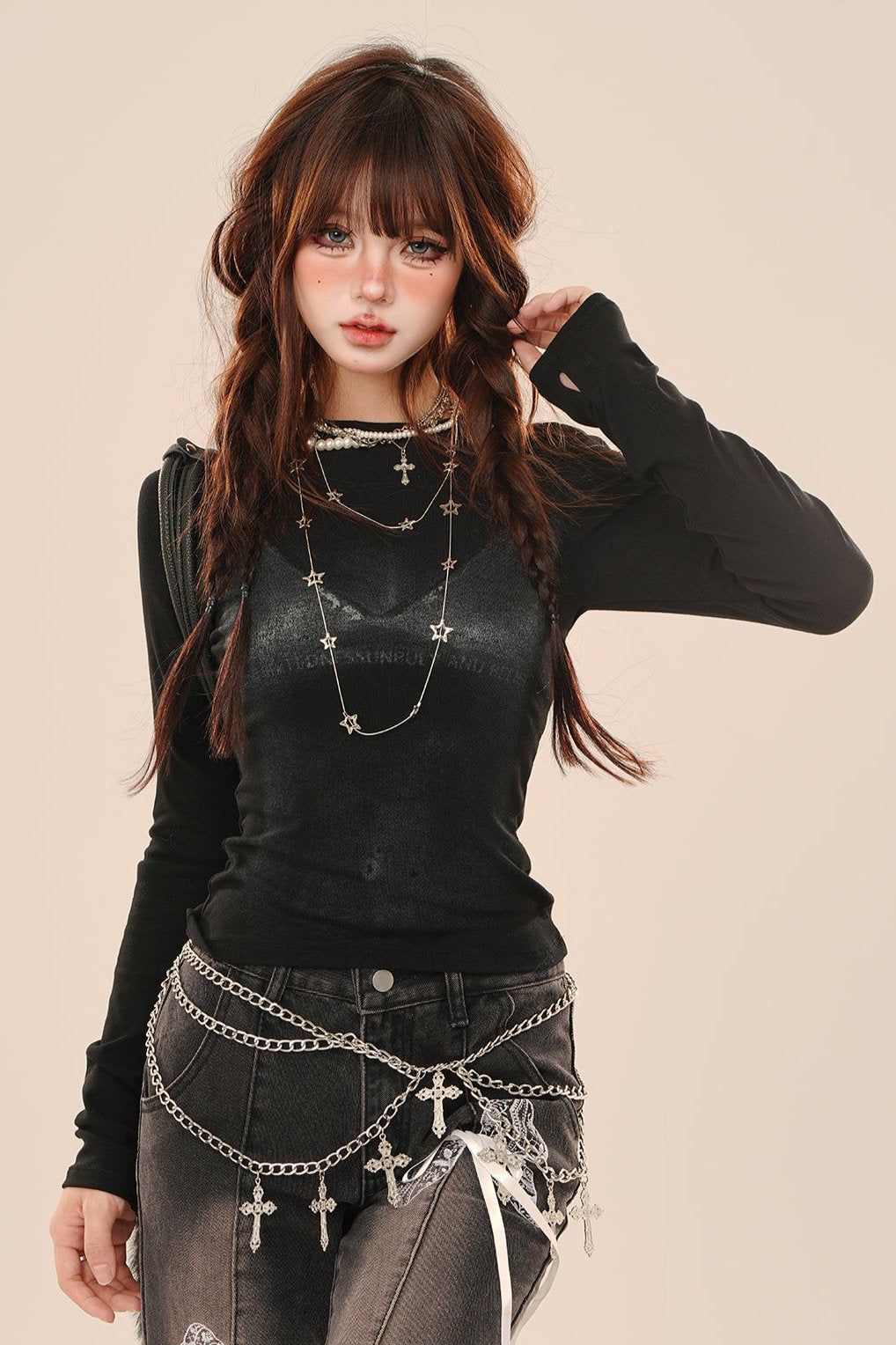 American Retro Black Slim Long Sleeve Top