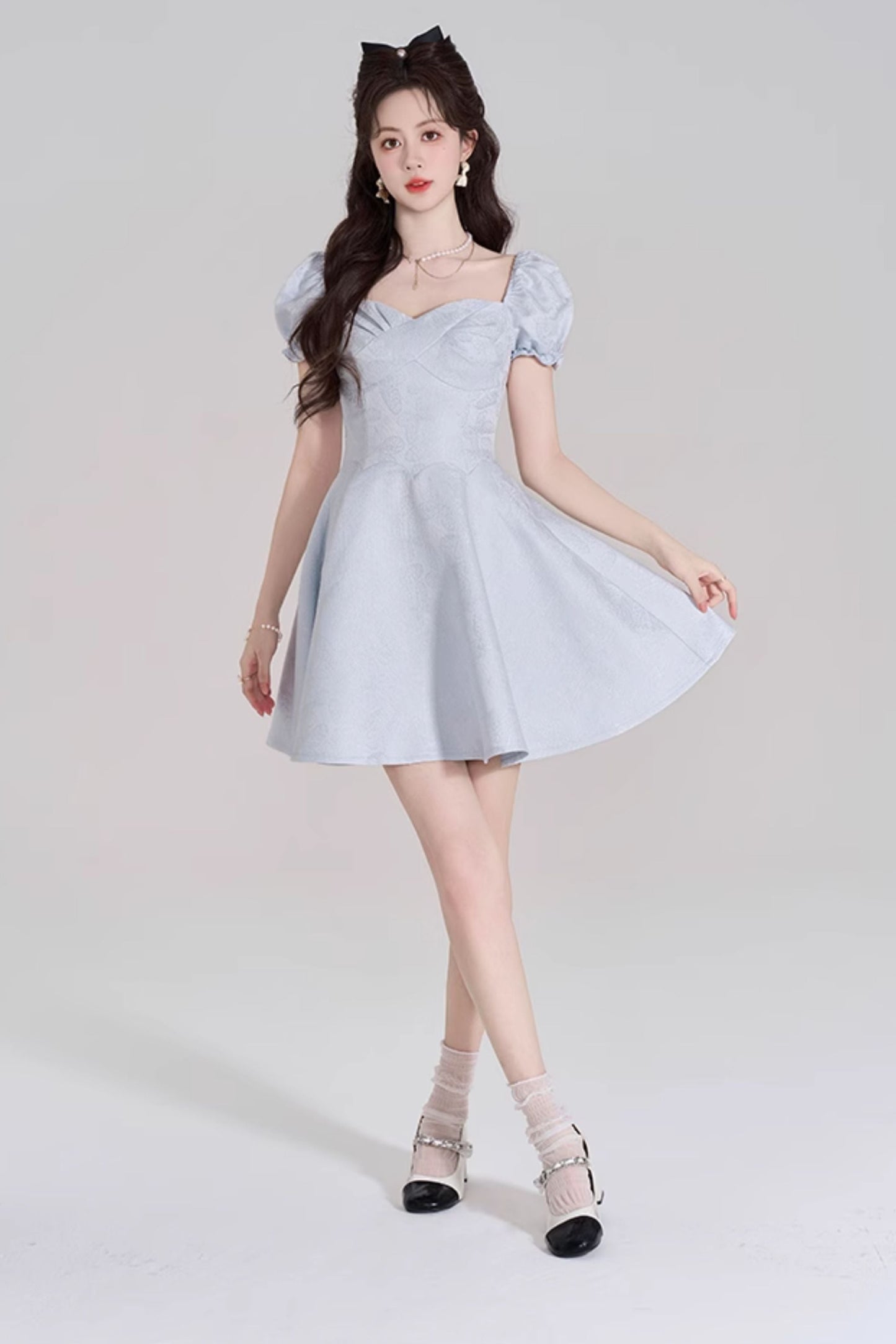 Blue Sweet French Puff Sleeve Dress