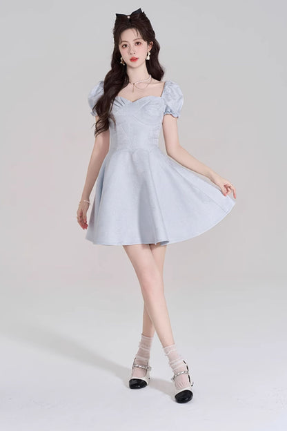 Blue Sweet French Puff Sleeve Dress