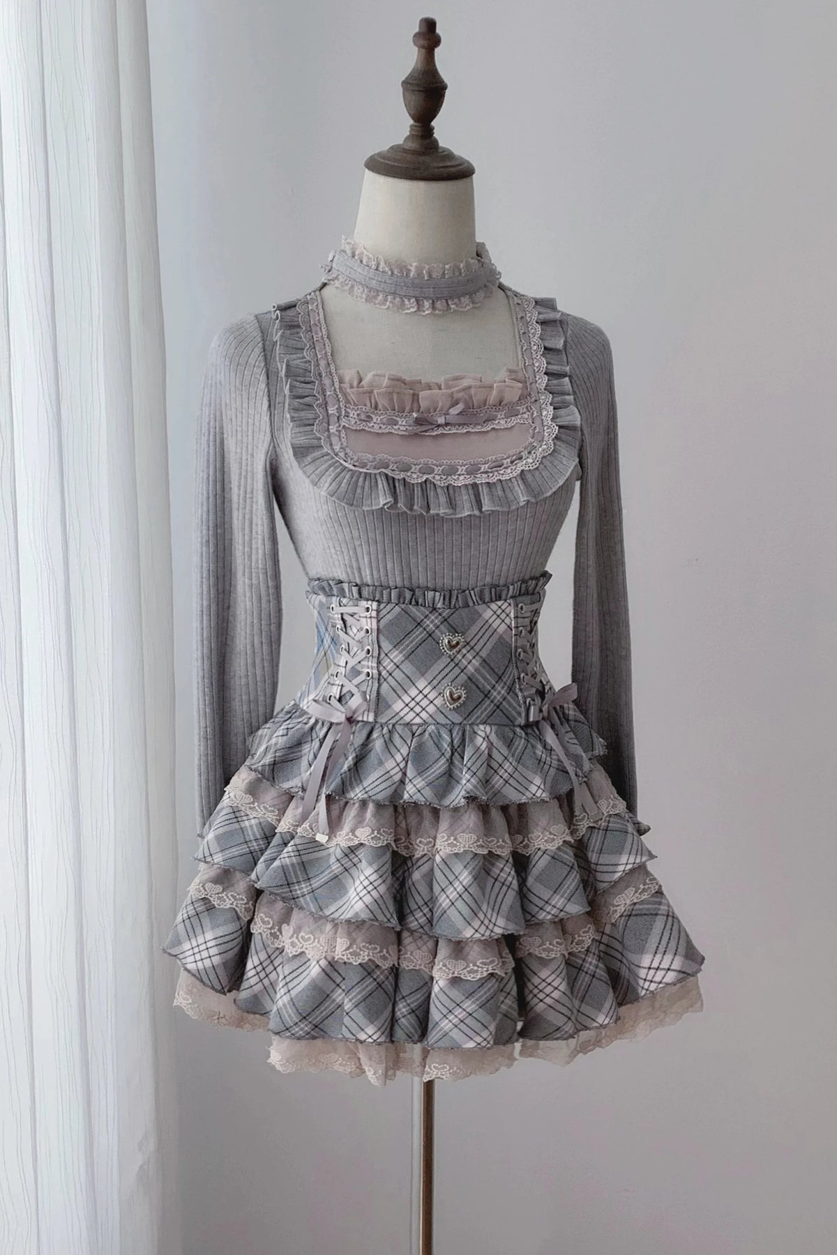 [Pre-order Deadline: October 15] Grey Pink Lace Trim Square Neck Choker Design Knit Top + Lace Trim Plaid Tiered Skirt