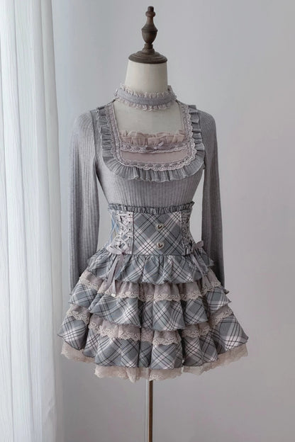 [Pre-order Deadline: October 15] Grey Pink Lace Trim Square Neck Choker Design Knit Top + Lace Trim Plaid Tiered Skirt
