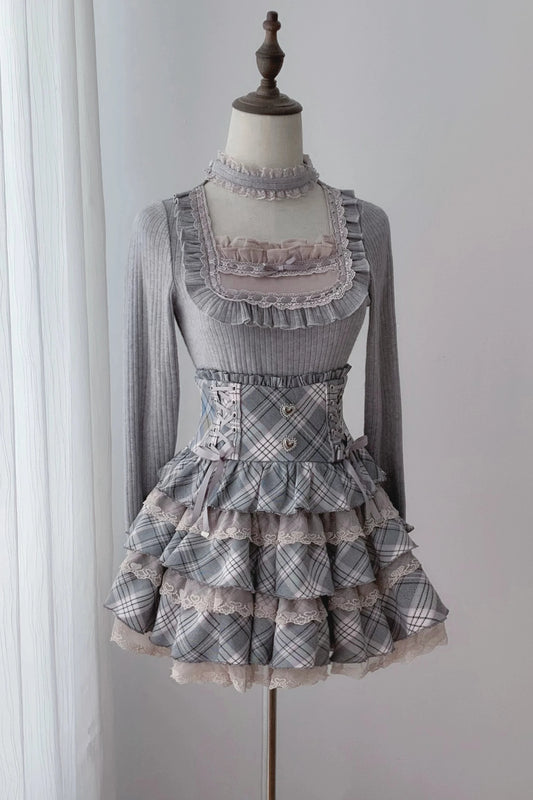 [Pre-order Deadline: October 15] Grey Pink Lace Trim Square Neck Choker Design Knit Top + Lace Trim Plaid Tiered Skirt