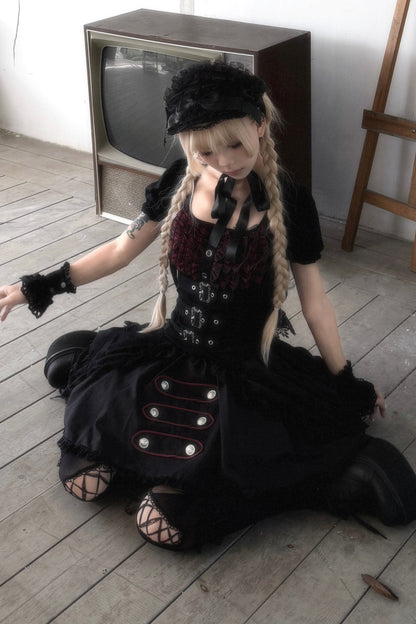 Original from Jiuyu Market: Black and Red Plaid Puff-Sleeve Knit Top with Military-Style Mesh Cake Skirt Set