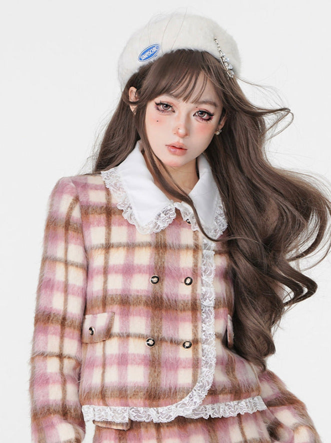 Pink Check Lace Fragrance Style Winter Suit