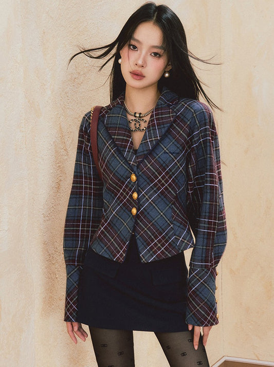 레트로 체크 허리 슬림 재킷 + 더블 포켓 미니 스커트 [예약 제품]