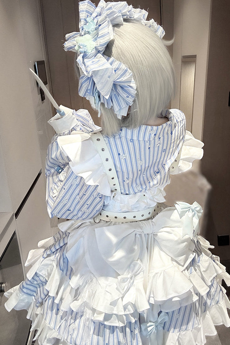 【11月5日予約締切】Blue White Striped Medical Lolita Nurse Sickly Kawaii Dress Suit Full Set (Shirt + Skirt + Apron + Back Ribbon + Leg Covers)
