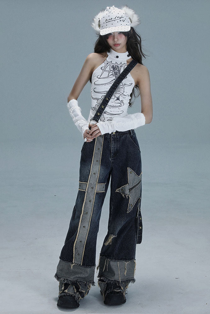 ローライズワイドレッグウォッシュデニムパンツ