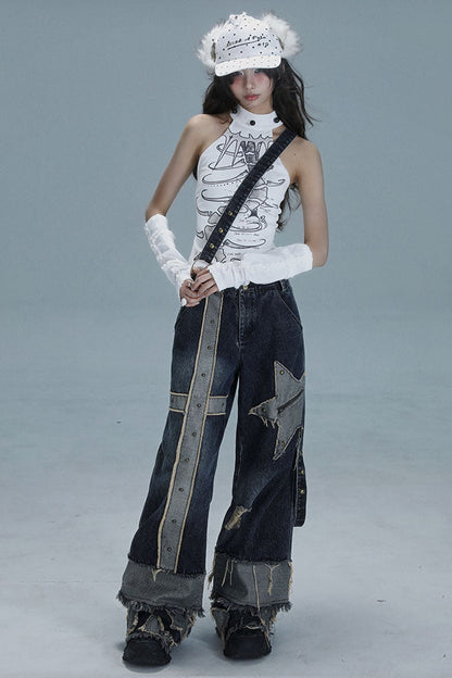 ローライズワイドレッグウォッシュデニムパンツ