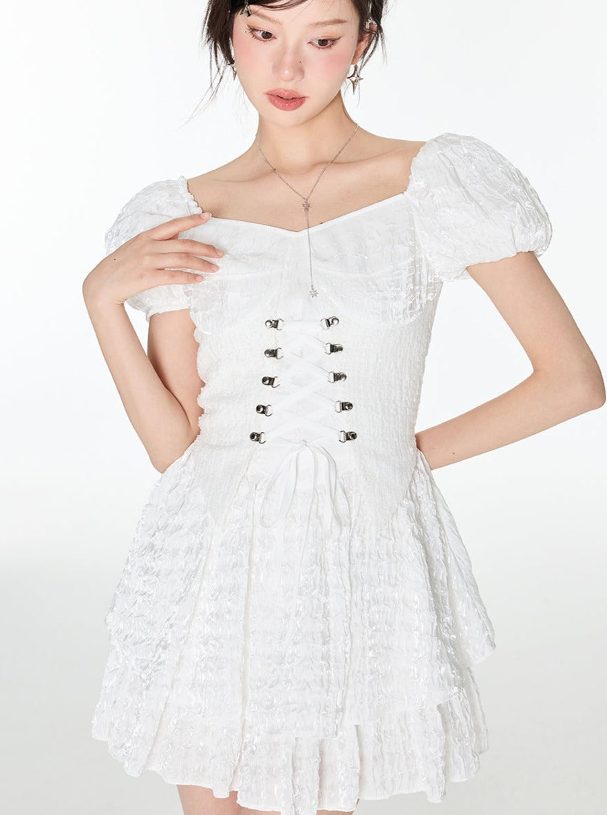 Blow Race Up West Puff Sleeve Tops + Flare Lace Skirt