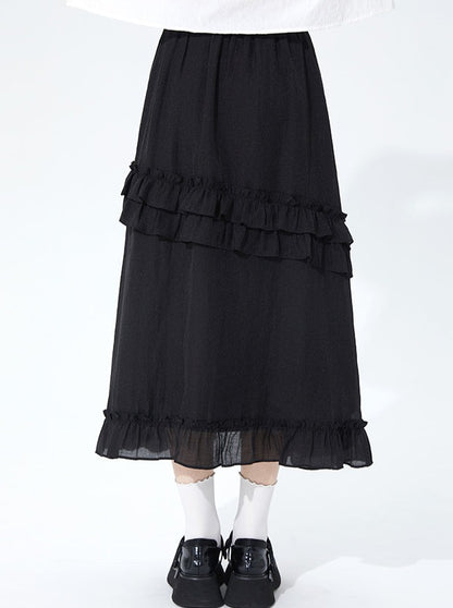 High-waist loose mid-length ruffle skirt