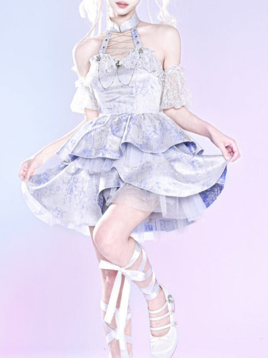 Y2K Virtual Track Chain Holter Tulle Layered Dress