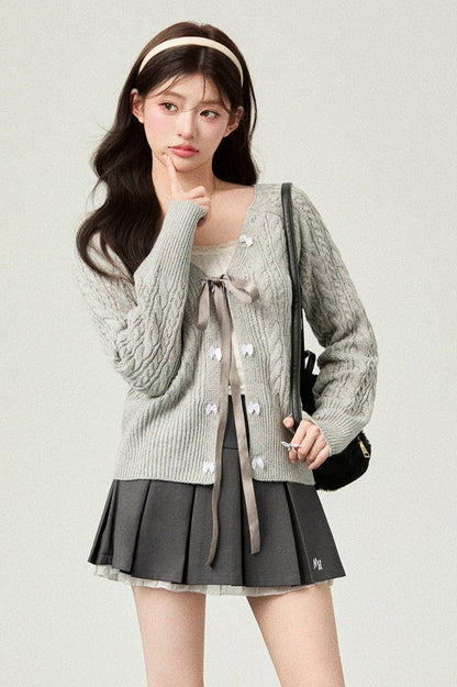 Bell Design Bow Knit Cardigan + Lace Pleated Skirt