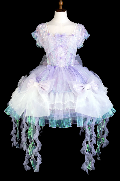 [Reservierungsschluss 1. August] Blau/Weiß/Lila Quallen-Feen-Lolita-Kleid mit Schleifen und Aurora-Schleppe