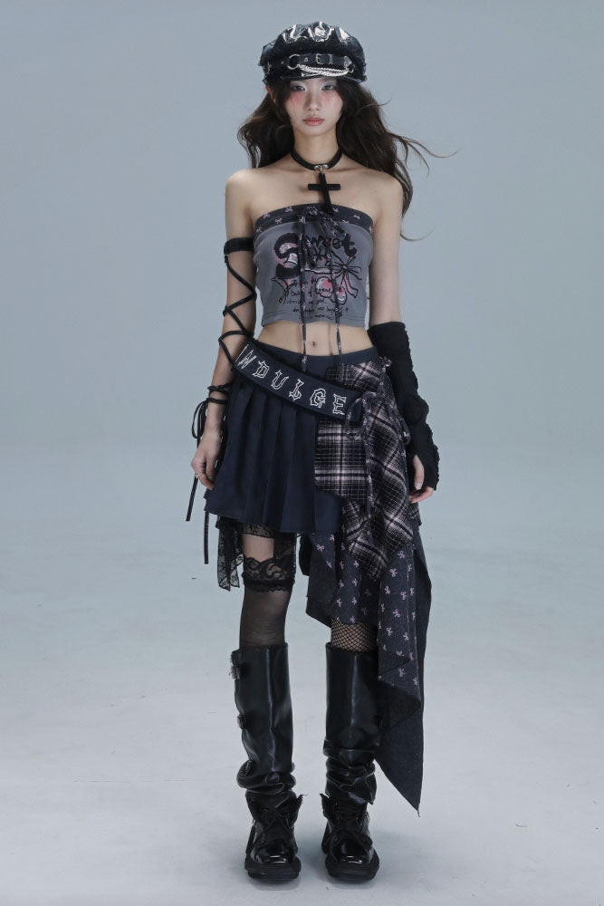 チェック柄パッチワークアシメプリーツスカート