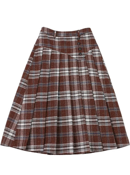 Red Check Asymmetrical Button Retro Wool Middle Skirt