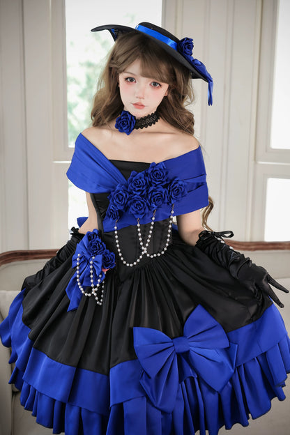 [Vorbestellfrist: 28. Juni] Blau-schwarzes Prinzessinnen-Lolita-Kleid mit Rosenband und freien Schultern + Komplettset + Accessoires (Hut Choker)