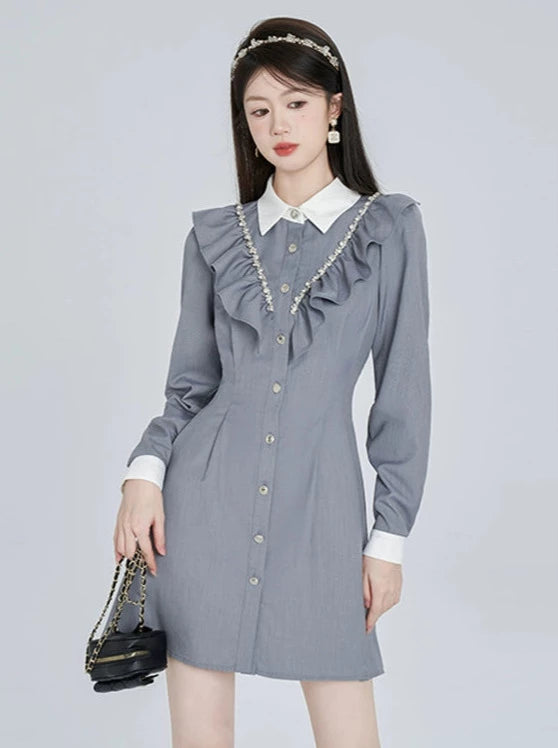 College Style Gray Diamond Ruffled Shirt Dress