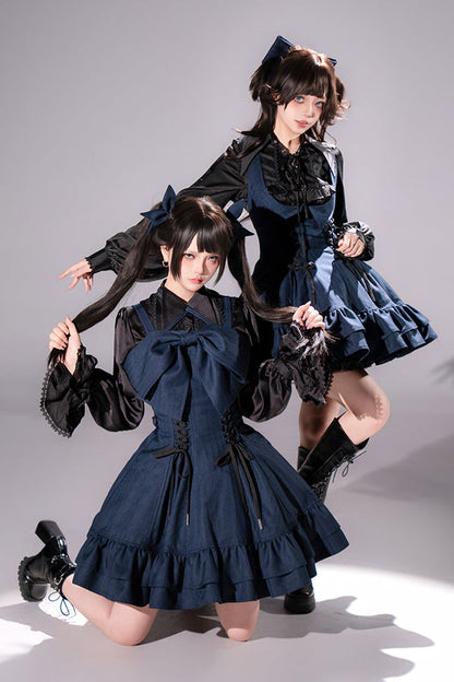 【12月29日予約締切】ゴシックロリータダークカラーストライプバッククロスフリルサスドレス