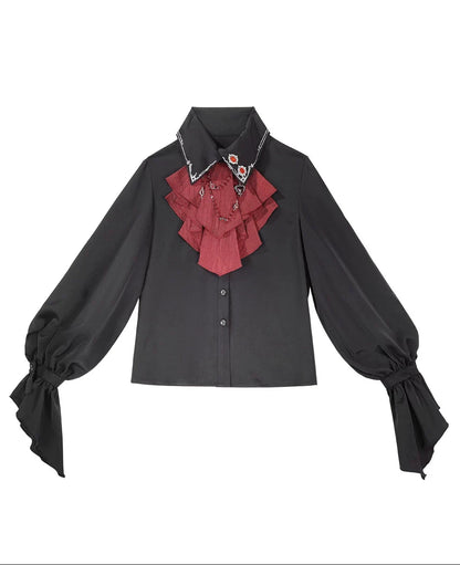 【10月8日予約締切】Ouji Fashion Black Red Gothic Ruffle Prince Lolita Full Set(Jewel Chain Ruffle Jabot Shirt + Rose Accessory Gothic Embroidered Corset Belt + Black Wide-Leg Pants + Rose Beaded One-Shoulder Cape)