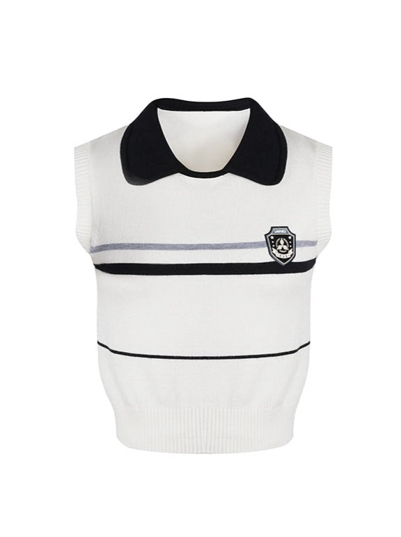 College polo sleeveless top + polo sweater + pleated skirt