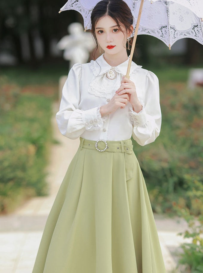 French Style Shirt + Green Long Skirt