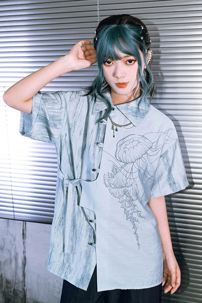 アシメアイスブルーデザイントップス