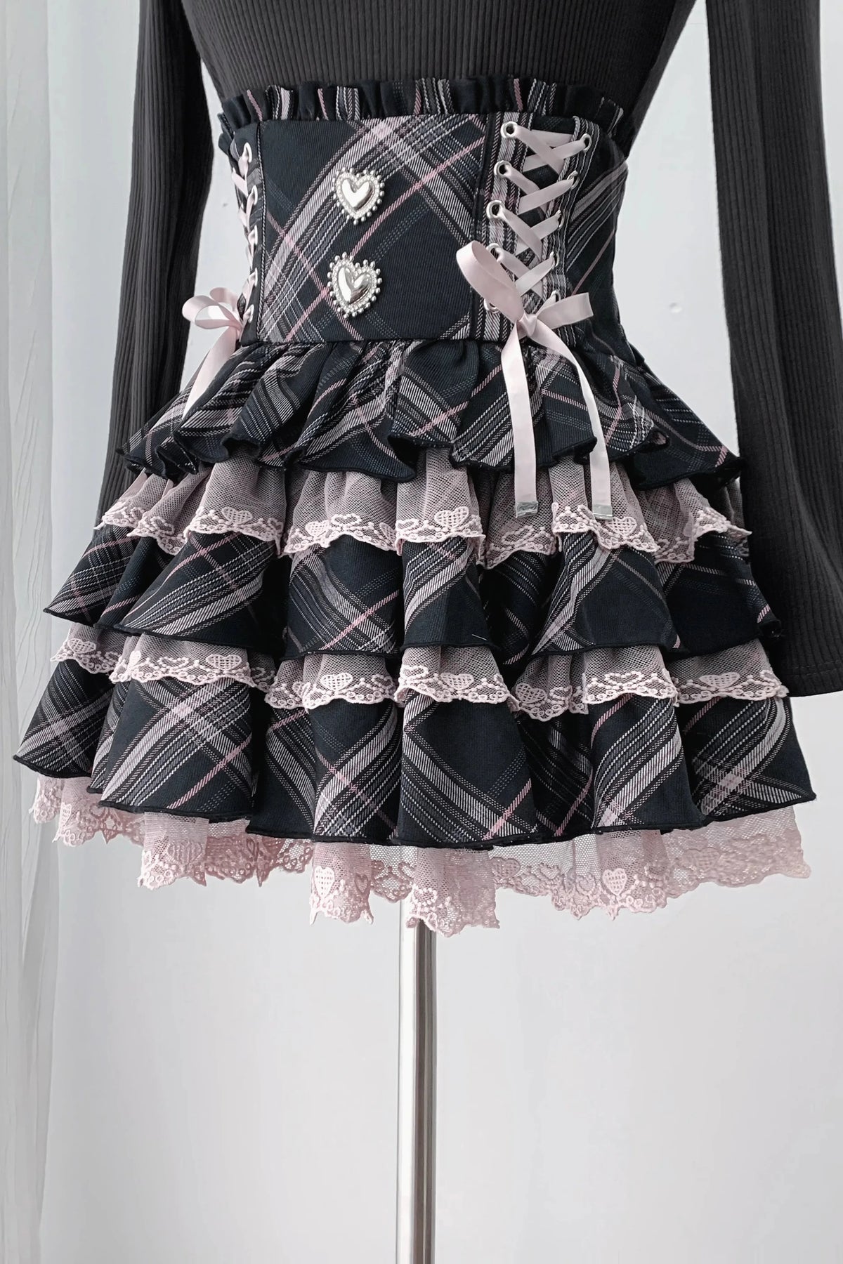 [Pre-order Deadline: October 30] Black Pink Lace Trim Square Neck Choker Design Knit Top + Lace Trim Plaid Tiered Skirt