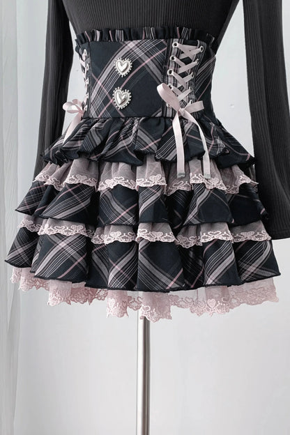 [Pre-order Deadline: October 30] Black Pink Lace Trim Square Neck Choker Design Knit Top + Lace Trim Plaid Tiered Skirt