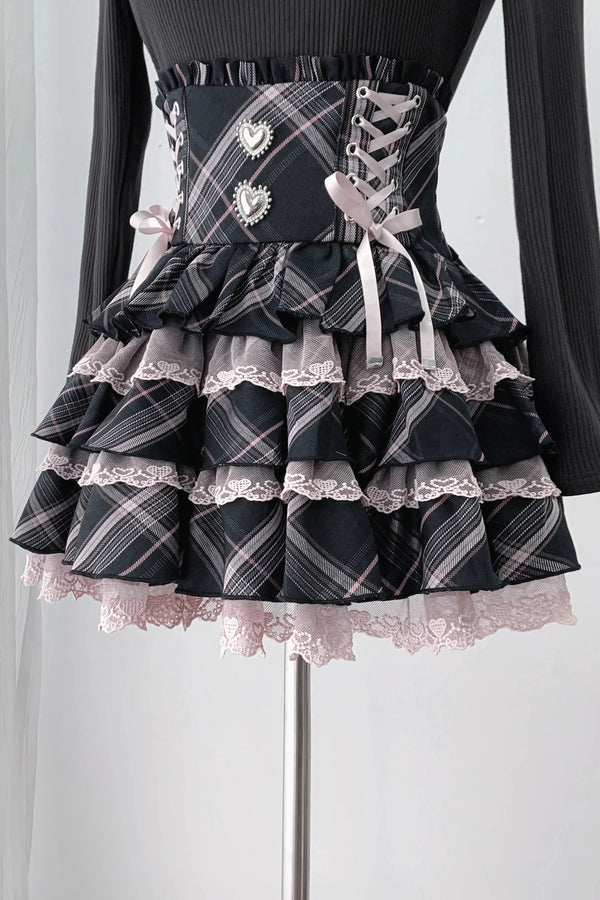 [Pre-order Deadline: October 30] Black Pink Lace Trim Square Neck Choker Design Knit Top + Lace Trim Plaid Tiered Skirt