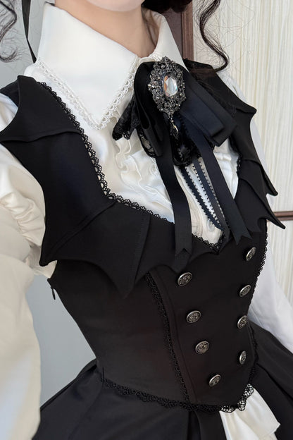[Pre-order Deadline: October 29] Gothic Vampire Butler White Lace Flare Sleeve Shirt + Bat Collar Ruffle High-Low Lolita JSK Dress Set + Jewel Bow Tie