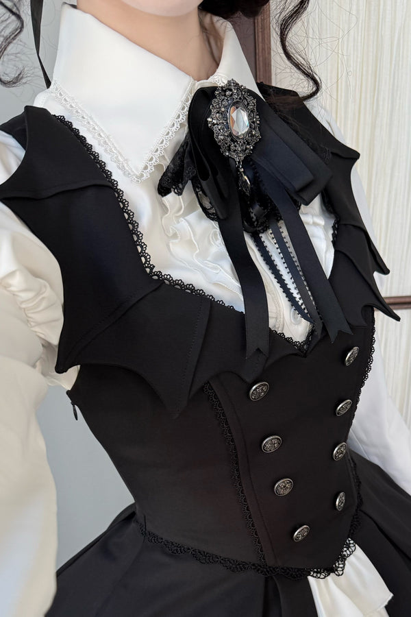 [Pre-order Deadline: October 29] Gothic Vampire Butler White Lace Flare Sleeve Shirt + Bat Collar Ruffle High-Low Lolita JSK Dress Set + Jewel Bow Tie