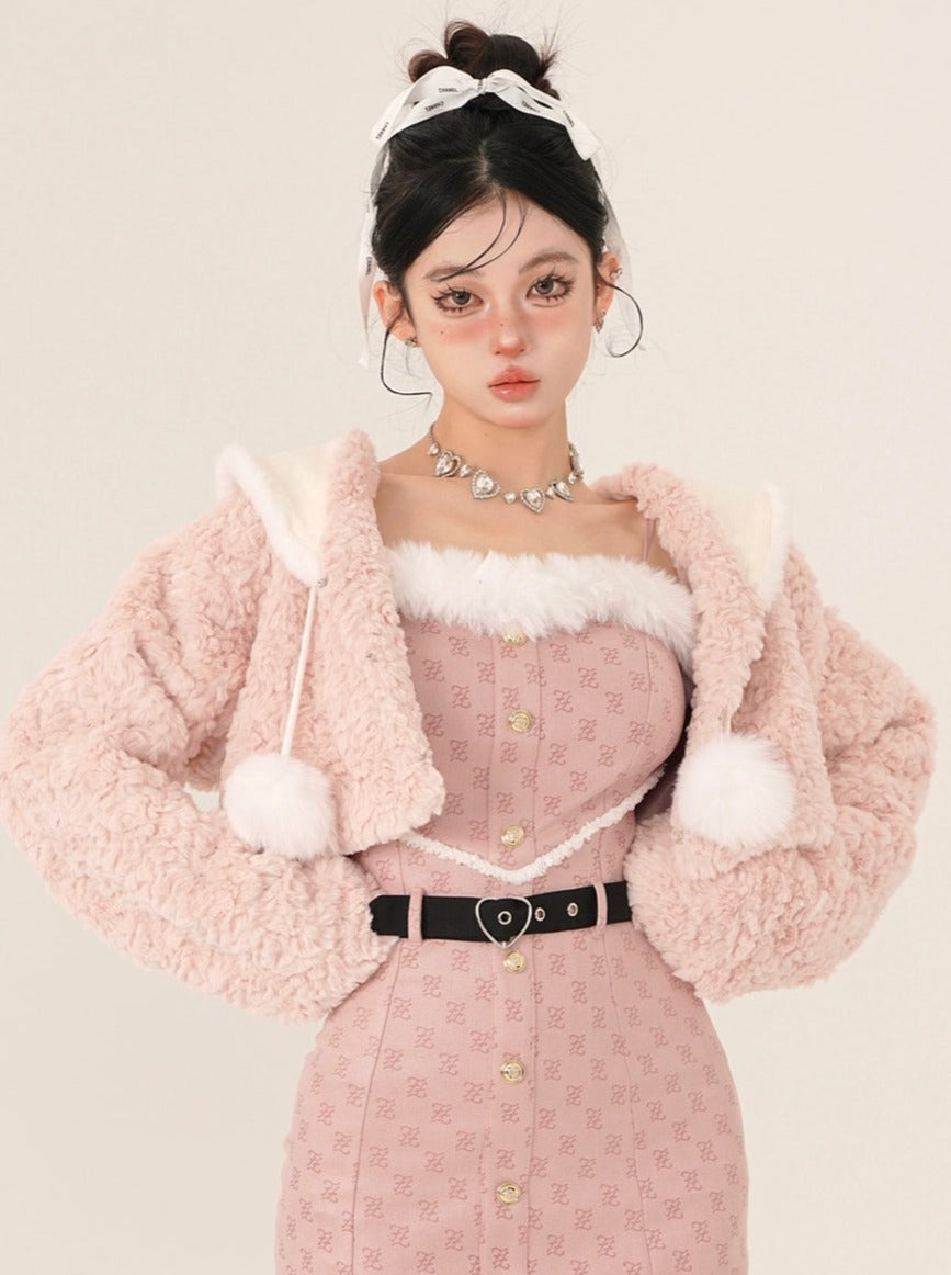 Tube Top Suspender Dress + Fur Pompom Short Coat [Reserved Item