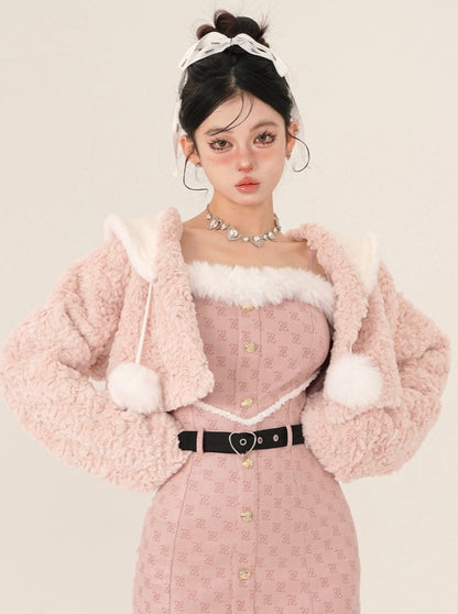 Tube Top Suspender Dress + Fur Pompom Short Coat [Reserved Item