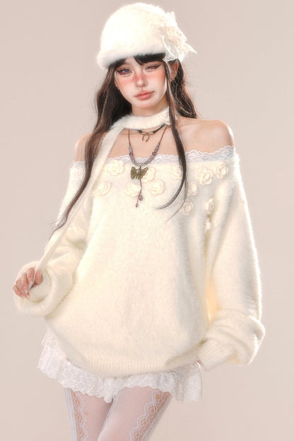 Soft heart lace one shoulder sweater