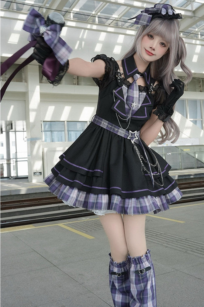 다크 카와이 체크 로리타 원피스 + 레그 워머